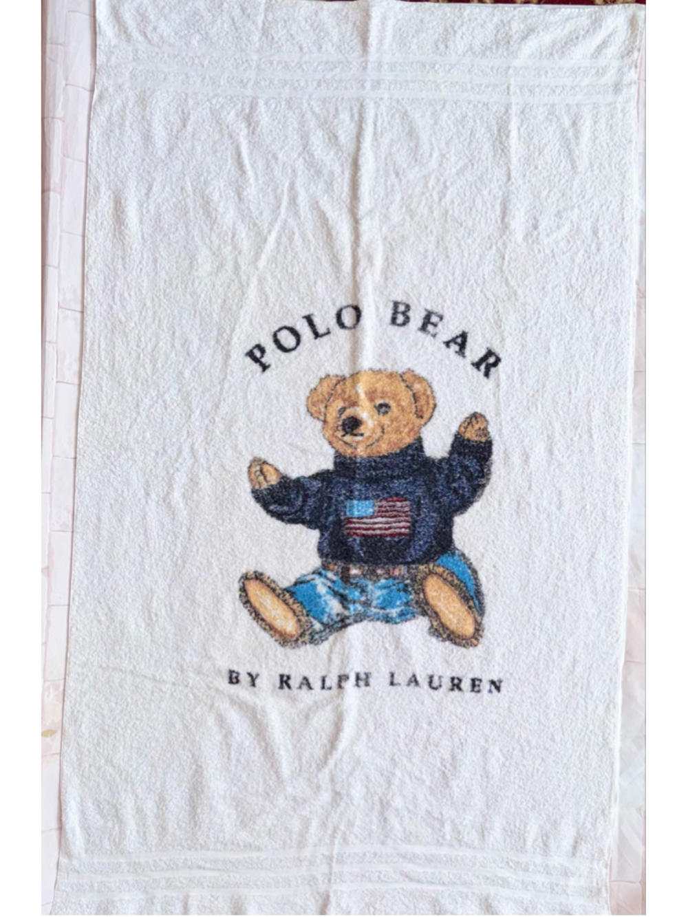 Vintage 1990s Polo Ralph Lauren Polo Bear Beach Towel Bath White Made In USA
